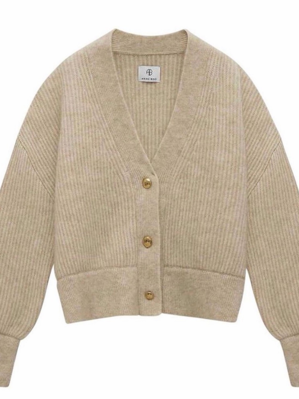 Anine Bing Beige Ribbed V-Neck Button Cardigan